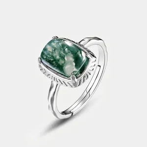 Vintage 925 Sterling Silver Moss Agate Open Ring For Women Natural Green Stone Adjustable Geometric Finger Ring Jewelry