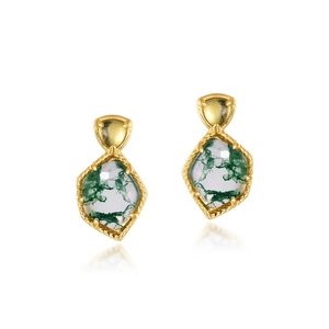 S925 silver 10K gold moss agate earrings featuring geometric mossy green stones