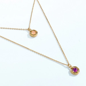 Double-layered 10K gold-plated S925 silver necklace with colorful round gemstone pendants