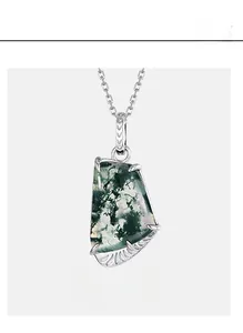 Detailed view of natural green moss agate pendant with 925 sterling silver claw setting