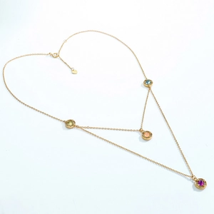Double-layered S925 sterling silver 10K gold plated necklace with colorful round gemstones