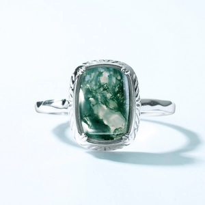 S925 silver moss agate open ring with rectangular gemstone and vintage engraving