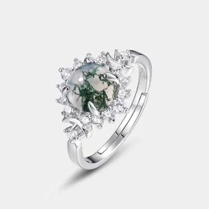 Vintage S925 Sterling Silver Natural Moss Agate Sun Flower Adjustable Ring Zirconia Inlaid Bohemian Jewelry For Women