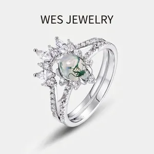 Vintage 925 Sterling Silver Pear Shaped Moss Agate Ring Set For Women Luxurious Crown Rhinestone Stackable Finger Ring Jewelry