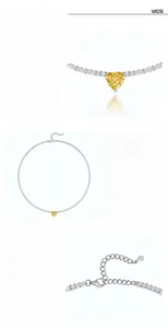 Detailed view of S925 silver heart necklace featuring yellow carbon diamond and pavé zircons