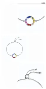 Macro detail of S925 sterling silver bracelet featuring colorful cubic zirconia settings