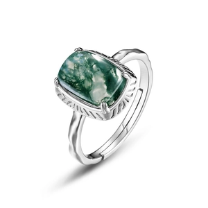Minimalist S925 silver ring with rectangular natural green moss agate in a vintage style