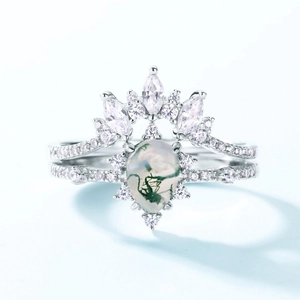 Pear cut moss agate ring set in 925 silver with marquise zircon stones in crown style