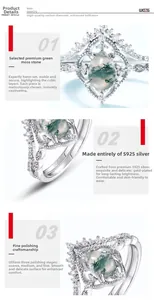 Detail of S925 silver stamp on moss agate pear-shaped ring with polished finish