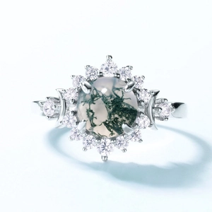 Retro S925 silver moss agate ring with sun flower halo and moon design accents