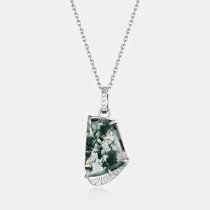 925 Sterling Silver Moss Agate Pendant Necklace For Women Geometric Water Grass Agate Inlaid Fine Jewelry Light Luxury Gift