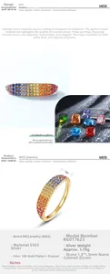 Detailed specs of S925 silver rainbow ring with 1.5mm colorful zirconia and 10K gold plating