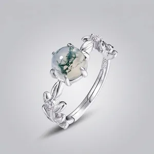 Bague en Argent Sterling 925 Vintage avec Agate Mousse Design de Feuille Pierre Verte Bague Ouverte Réglable Cadeau Bijoux Femme