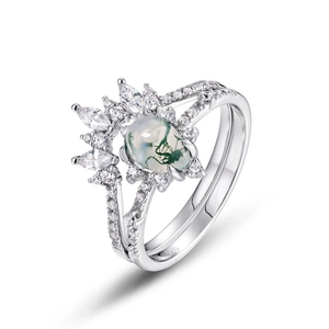 Pear shape moss agate S925 sterling silver stacked ring set with marquise zircons