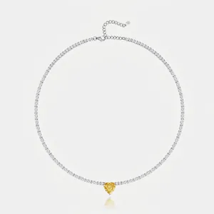S925 Sterling Silver Heart Shaped Yellow Zirconia Pendant Necklace For Women Full Pave Tennis Chain Lightweight Luxury Jewelry