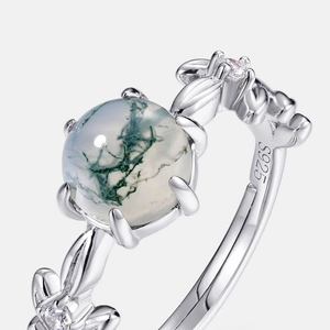 Bague vintage en argent S925 avec agate mousse ronde et détails de feuilles