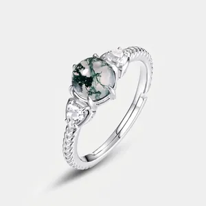 Anello in Argento Sterling S925 Vintage con Agata Muschiata per Donna Anello Aperto Regolabile Design Intrecciato Gioielli con Strass