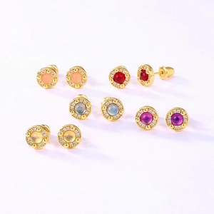 Set of five pairs of 10k gold stud earrings with colorful round gems and micro-pave crystals