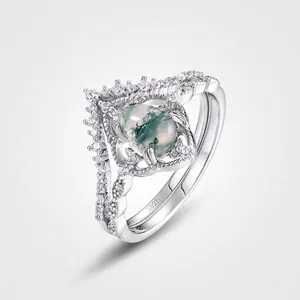 Vintage S925 Sterling Silver Moss Agate Pear Shaped Ring For Women Natural Water Grass Agate Inlaid Rhinestone Stackable Jewelry