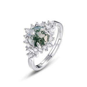 S925 silver moss agate ring with sunburst pattern white zircon halo in an open design