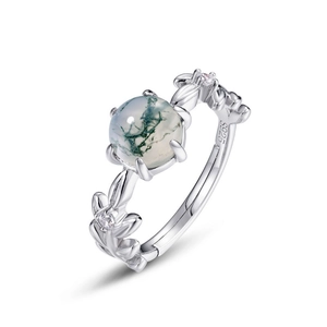 Bague en argent sterling S925 avec agate mousse naturelle et design de feuilles