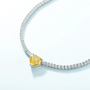 S925 silver tennis necklace featuring a yellow heart diamond and pavé zircons