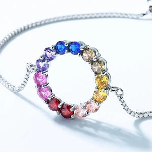 S925 sterling silver rainbow zircon circle bracelet with adjustable box chain for women