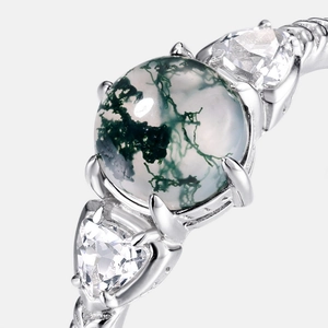 Anello minimalista in argento S925 con agata muschiata tonda e pietre laterali