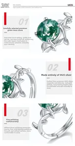 Détail de bague en argent S925 motif feuilles de vigne et agate mousse verte ronde