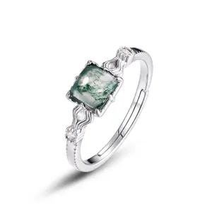 Vintage Square Natural Moss Agate Open Ring 925 Silver Plated Rhinestone Adjustable Green Stone Geometric Jewelry For Women