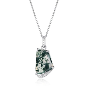 Geometric moss agate pendant with silver claw setting and intricate plant texture engraving