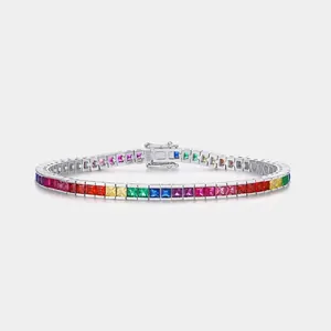 S925 Sterling Silver Rainbow Zirconia Tennis Bracelet For Women Square Cut Colorful Gemstone Clasp Jewelry Finger Wrist Chain