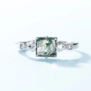Anello retrò in argento S925 con agata muschiata verde quadrata e pietre viola