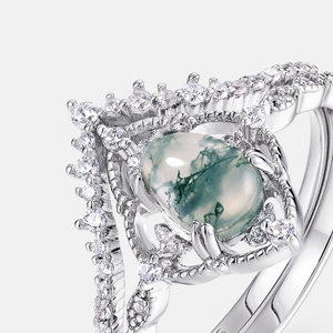 Elegant S925 silver moss agate ring with pear-cut stone and filigree zircon details