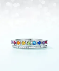 Macro detail of S925 silver rainbow ring with double-layered colorful zircon crystals