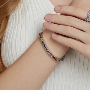 Elegant S925 silver rainbow tennis bracelet and matching ring set with colorful zircon