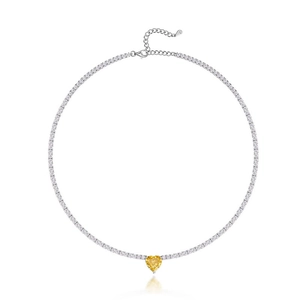 S925 sterling silver tennis necklace with heart-shaped yellow gemstone and zircon pavé