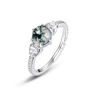 Anello regolabile in argento S925 con agata muschiata e gambo intrecciato stile vintage