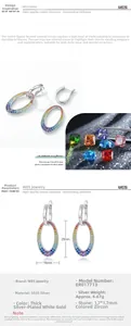 Detail view of S925 sterling silver hoop earrings with inlaid colorful zircon crystals