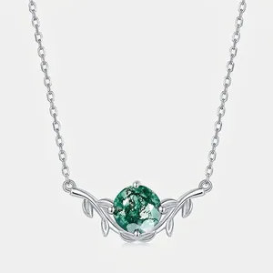 925 Sterling Silver Moss Agate Pendant Necklace Green Leaf Design Natural Stone Retro Style Neck Jewelry For Women Gift
