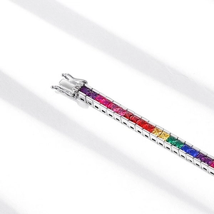 Minimalist S925 silver rainbow tennis bracelet with colorful square-cut gemstones