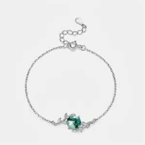 925 Sterling Silver Moss Agate Bracelet For Women Vintage Green Agate Round Stone Leaf Vine Design Adjustable Jewelry Gift