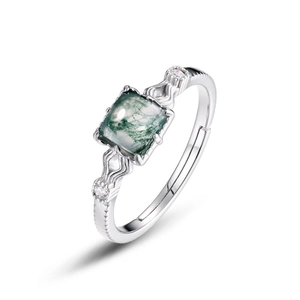 Square moss agate ring in S925 sterling silver with vintage wave pattern accents