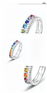 Macro detail of S925 sterling silver ring showing colorful rainbow zircon stones