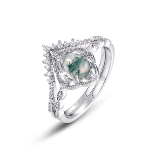 S925 silver pear-cut moss agate ring with cubic zirconia accents on a clean white background