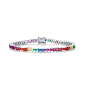Elegant S925 sterling silver rainbow tennis bracelet with colorful square zircon stones