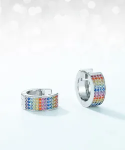 Close-up of S925 silver hoop earrings featuring four rows of rainbow cubic zirconia