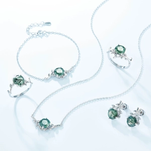 Set gioielli in argento S925 con agata muschiata verde e design a vite e foglie