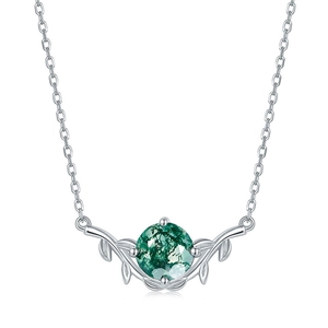 Silver leaf necklace with green moss agate pendant on a clean white background