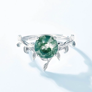 Bague vintage en argent S925 avec agate mousse ronde et motif de feuilles gravé